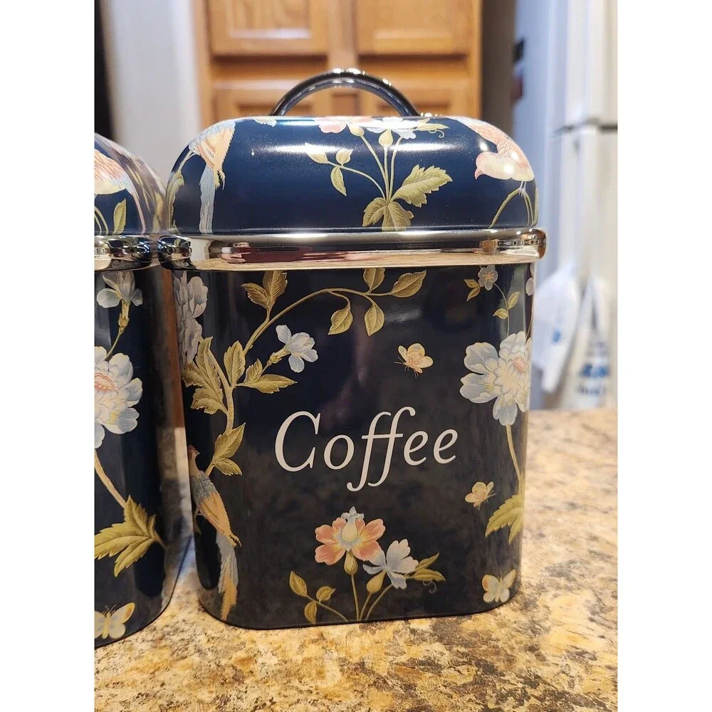 Laura Ashley Blue Floral Metal Square Coffee Tea Sugar Canister Set of 3